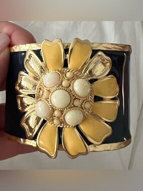 Gold and Yellow FlowerCuff Bracelet with Navy Blue Enamel / Banana Republic